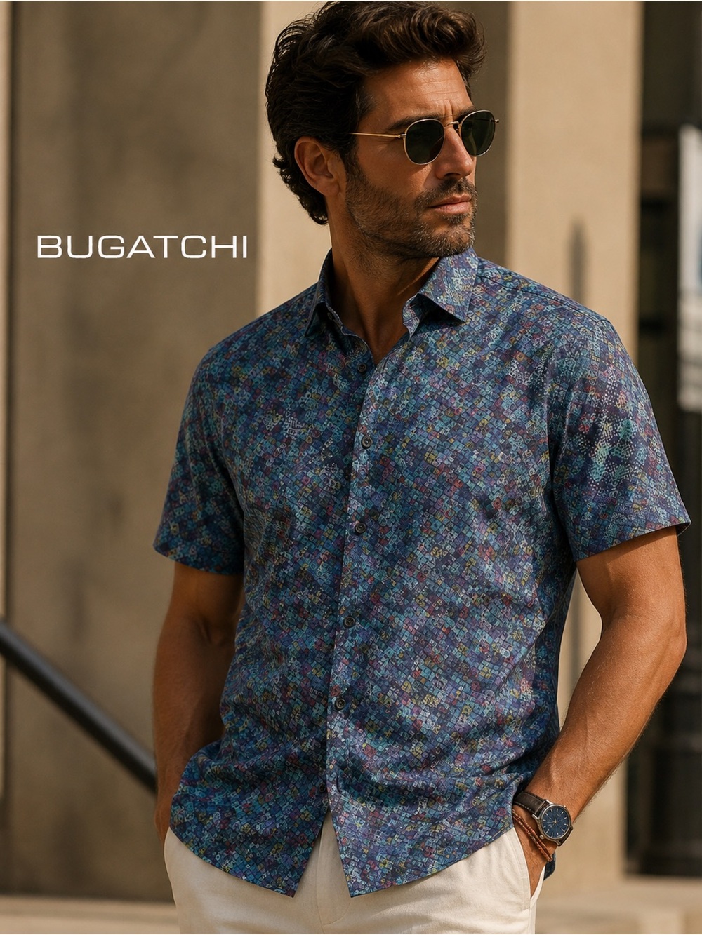 BUGATCHI Shaped Fit Short Sleeve Button Down Shirt - Blue Mosaic - Size L